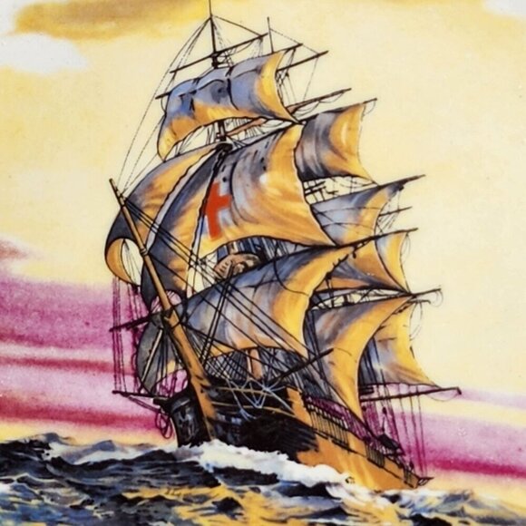 Vintage Cobalt Blue Ceramic Collector Plate With Ship Scene and Gold Accents - Picture 2 of 12